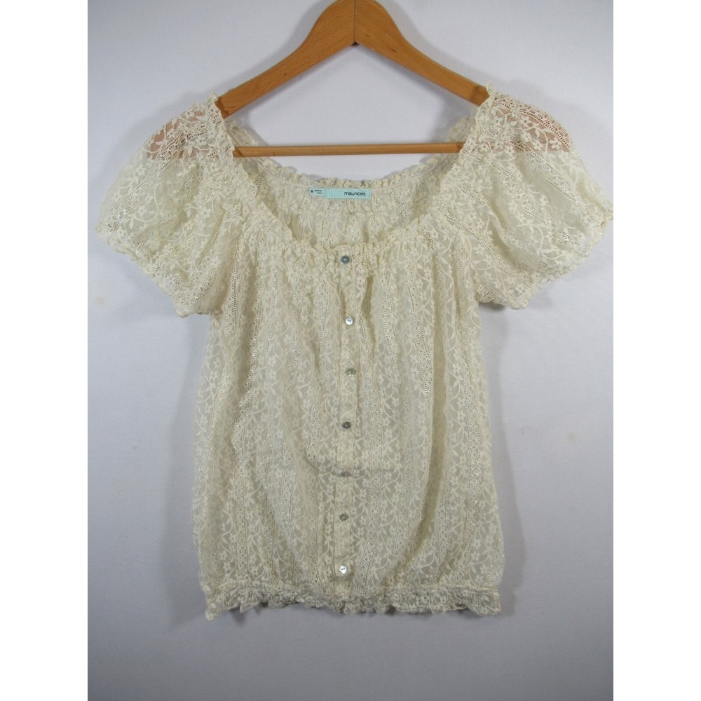 Maurices Sheer Lace Blouse Women Medium Ivory Short Sleeve